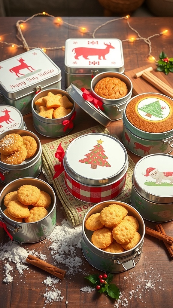 A variety of Christmas baking tins with cookies and cakes, decorated for the holiday season.